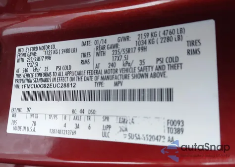 2014 Ford Escape Se from USA, damaged, VIN 1FMCU0G92EUC28812